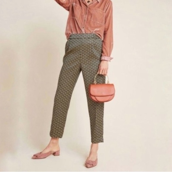 - NWT Anthro Gold & Black Metallic Print Larkin Jacquard Tapered Trouser Pants - Picture 2 of 13